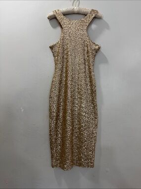 TFNC London Gold Sequin Midi Dress Sleeveless Racerback Bodycon Party XS